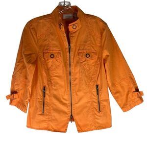 Chicos Utility Jacket Women's Orange Full Zip 3/4 Sleeves Cotton Lightweight S/4